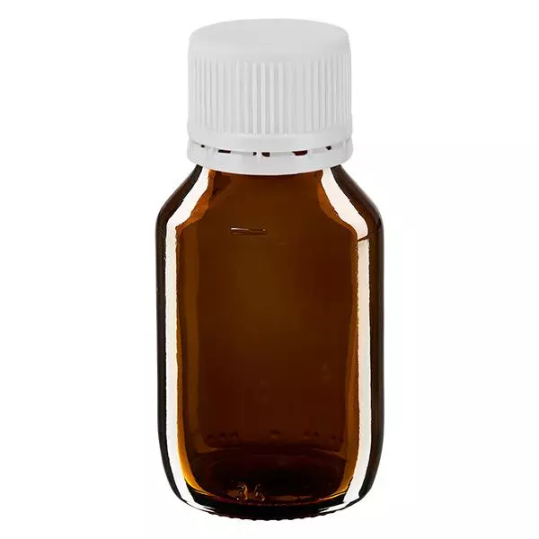 50ml Euro-medicijnfles bruin met witte schroefsluiting VR 50ml Euro-medicijnfles bruin met witte schroefsluiting VR