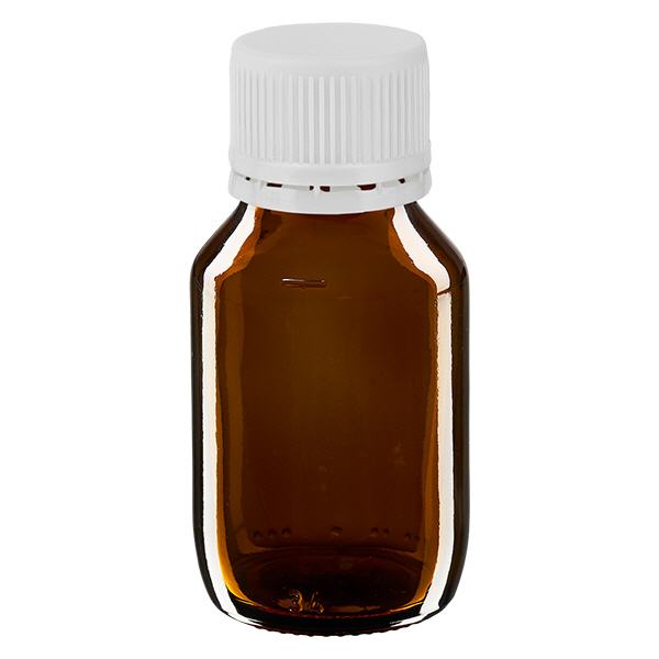50ml Euro-medicijnfles bruin met witte schroefsluiting VR 50ml Euro-medicijnfles bruin met witte schroefsluiting VR