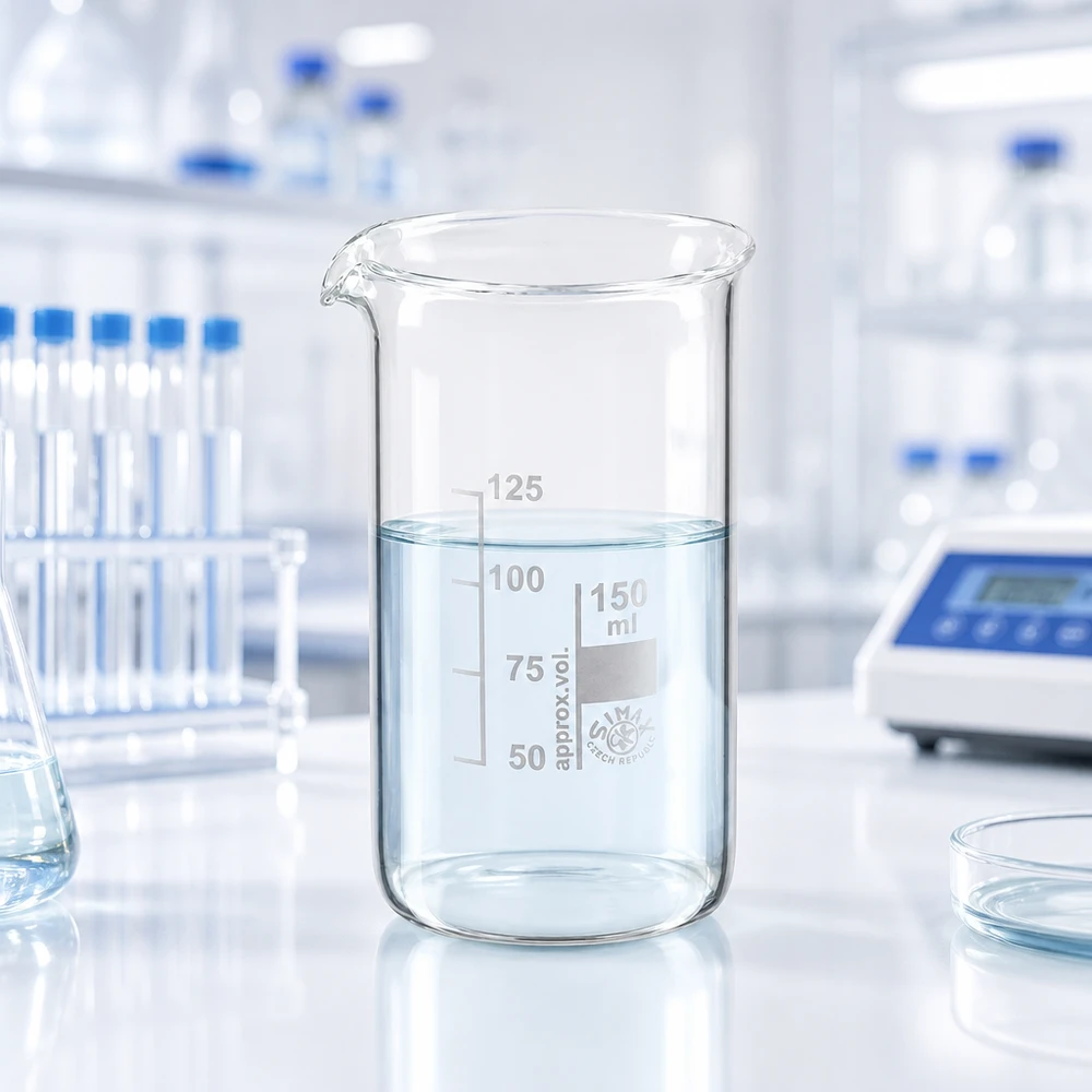 Gegradueerd bekerglas, hoge vorm, 150 ml, met een waterige oplossing op een wit laboratoriumtafelblad