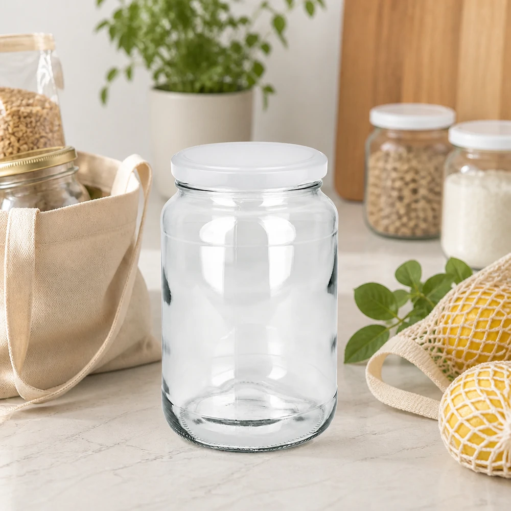 1700 ml ronde pot met BasicSeal deksel in duurzame zero-waste keuken met gaaszakken en voorraadpotten