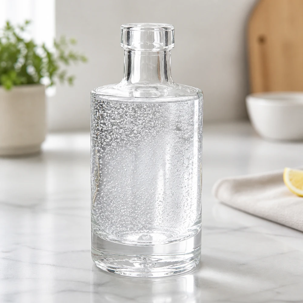 200ml glazen fles Marie gevuld met sprankelend water op marmeren aanrecht moderne keuken waterfles lifestyle landschap