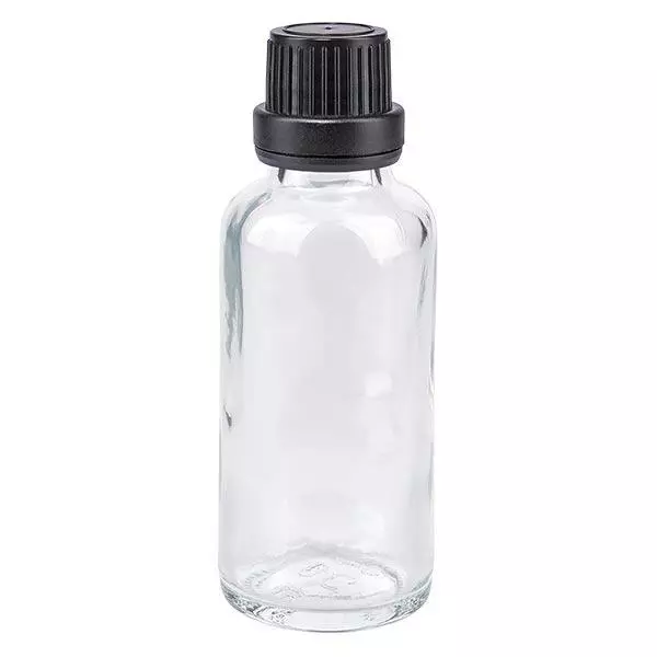 Helder glazen flessen 30ml met zwart schroefsluiting dicht. VR Helder glazen flessen 30ml met zwart schroefsluiting dicht. VR