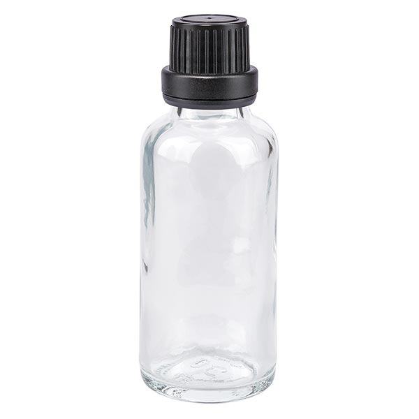 Helder glazen flessen 30ml met zwart schroefsluiting dicht. VR Helder glazen flessen 30ml met zwart schroefsluiting dicht. VR