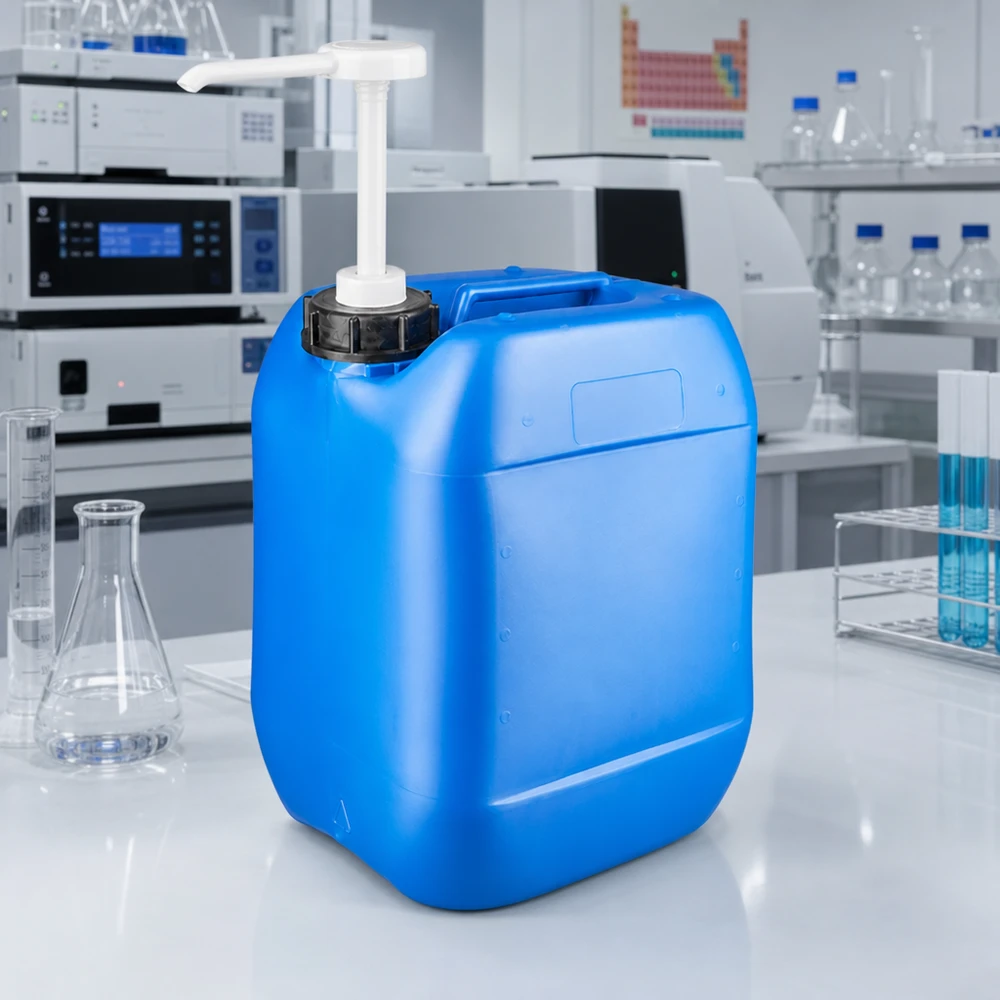 Canister 10 liter blauw met doseerpomp Stevige blauwe platte jerrycan van 10 liter met doseerpomp voor een veilige afgifte van vloeistoffen