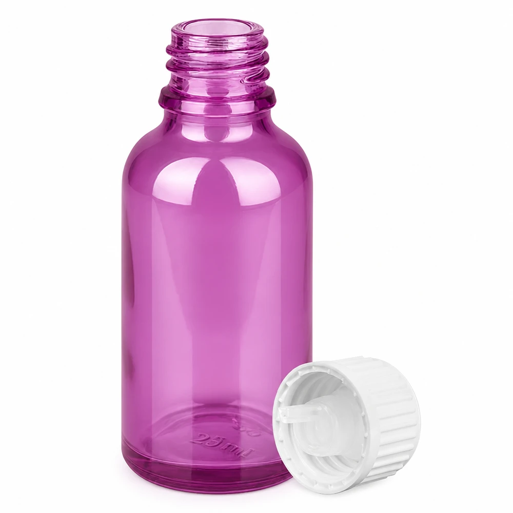 30ml druppelfles 0,9mm wit standaard PurpleLine. UT18/30 Hoogwaardige glazen druppelflacon 30ml met UV-bescherming dankzij violette kleuring