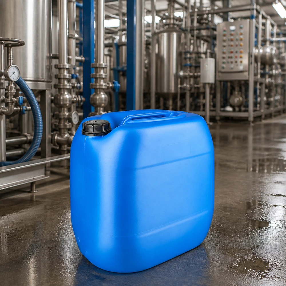 Blauwe lege jerrycan van 30 liter met OV-sluiting voor industriële roestvrijstalen installaties