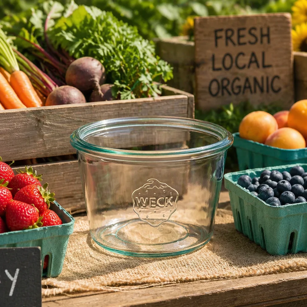 WECK bekers 370ml RR100 op een houten tafel met vers biologisch fruit aardbeien bosbessen en groenten