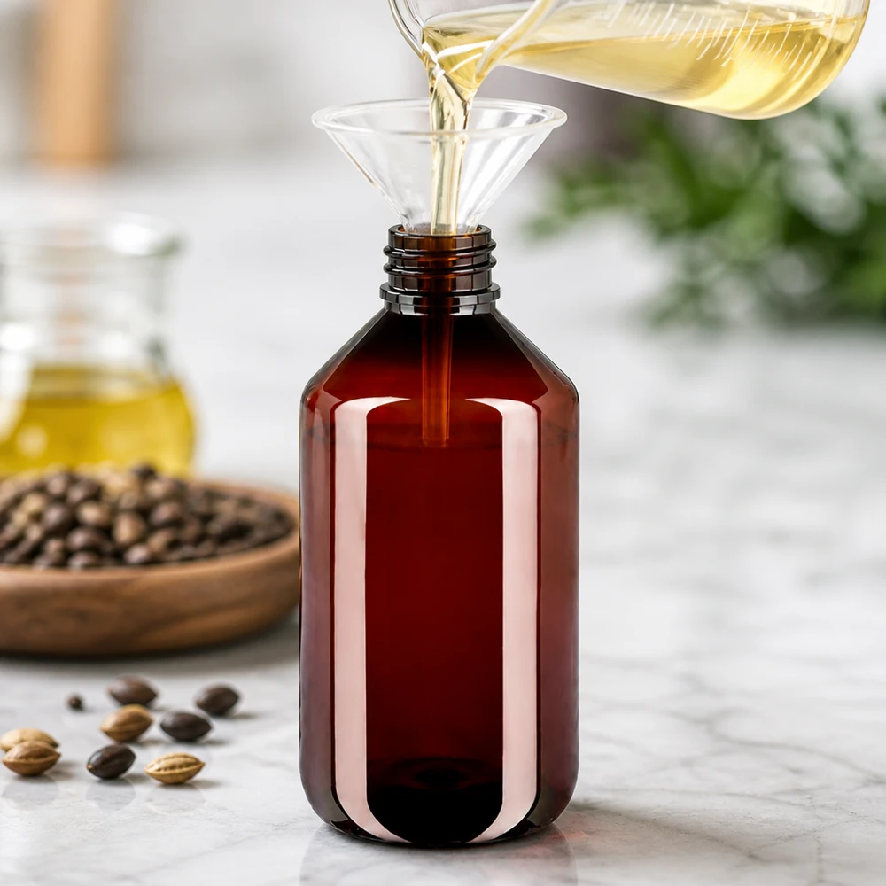Cilindrische PET-fles van 500 ml in bruin met een witte verzegeling voor oliën en essences