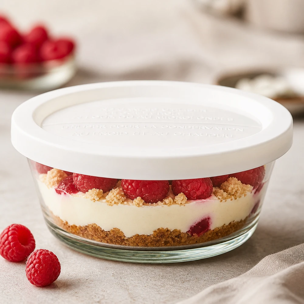 300ml gourmetglas met vershouddeksel WECK RR120 WECK RR120 gourmetpot 300ml met houdbaar deksel gevuld met frambozendessert als gelaagd dessertvoorbeeld