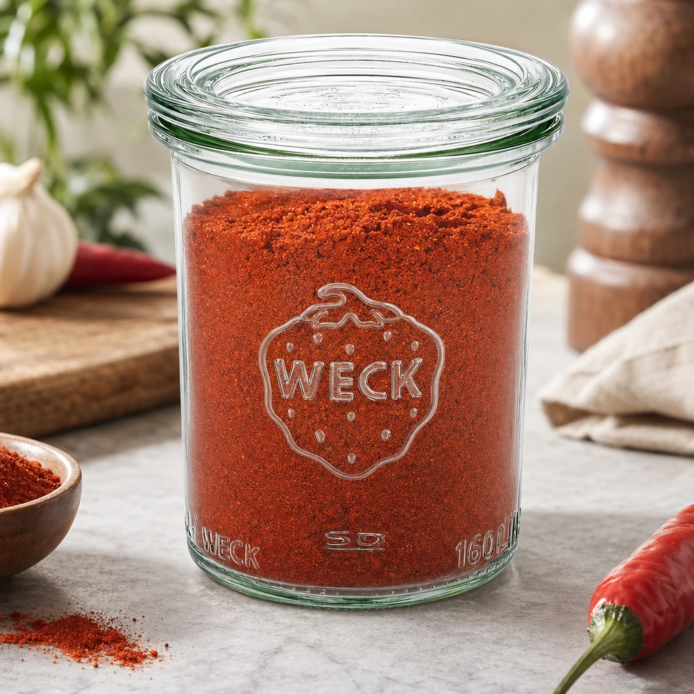 WECK 160 ml RR60 pot gevuld met rode paprikapoeder in keuken met chilipeper, knoflook en kruidenmolen