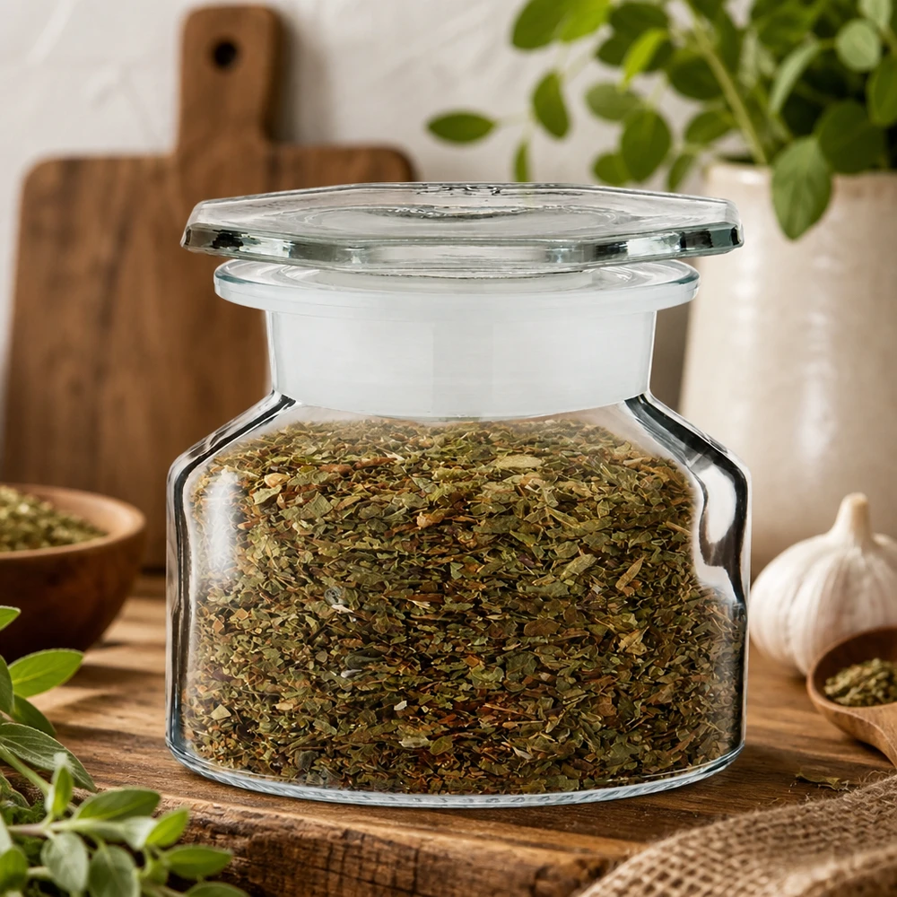 Klein glazen potje met brede hals, helder glas, 50 ml, met grof gehakte oregano en een moderne glazen sluiting