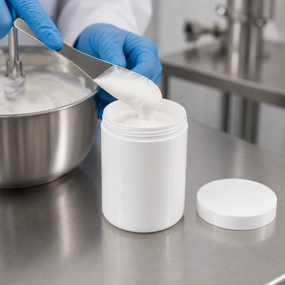 Cilindrische witte zalfpot van 800 g, gemaakt van PP, met een plat schroefdeksel op een roestvrijstalen oppervlak