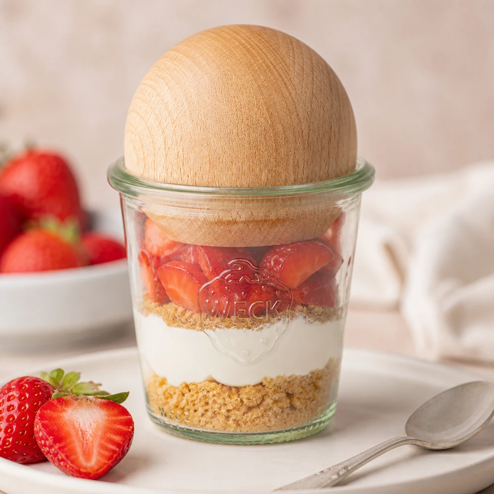 WECK beker 290ml RR80 gelaagde dessertpot met aardbeien en slagroom biscuitbodem en beuken bolstop