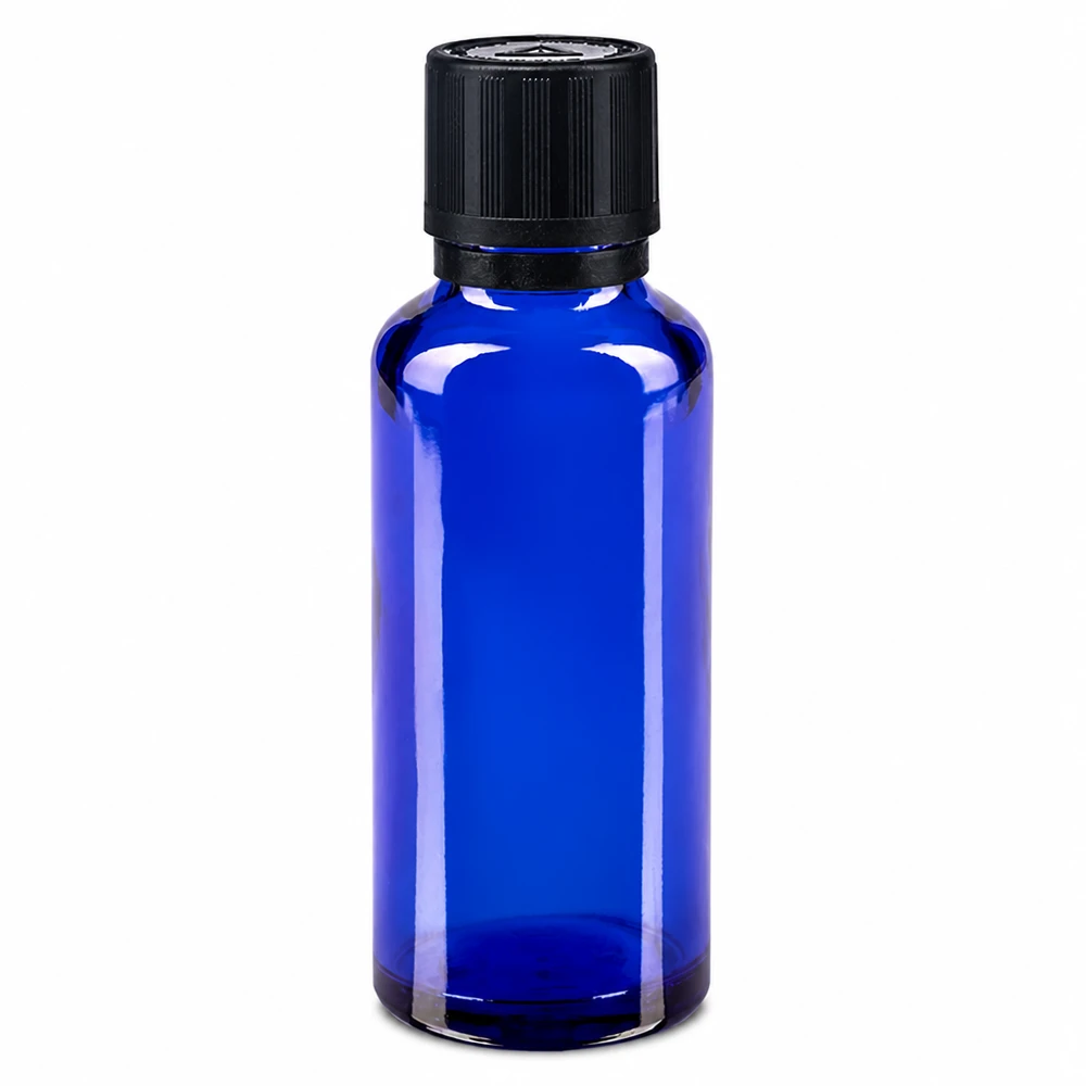 Kleine blauwe glazen fles van 30 ml met een druppelopening van 1 mm en een zwarte veiligheidsdop OV
