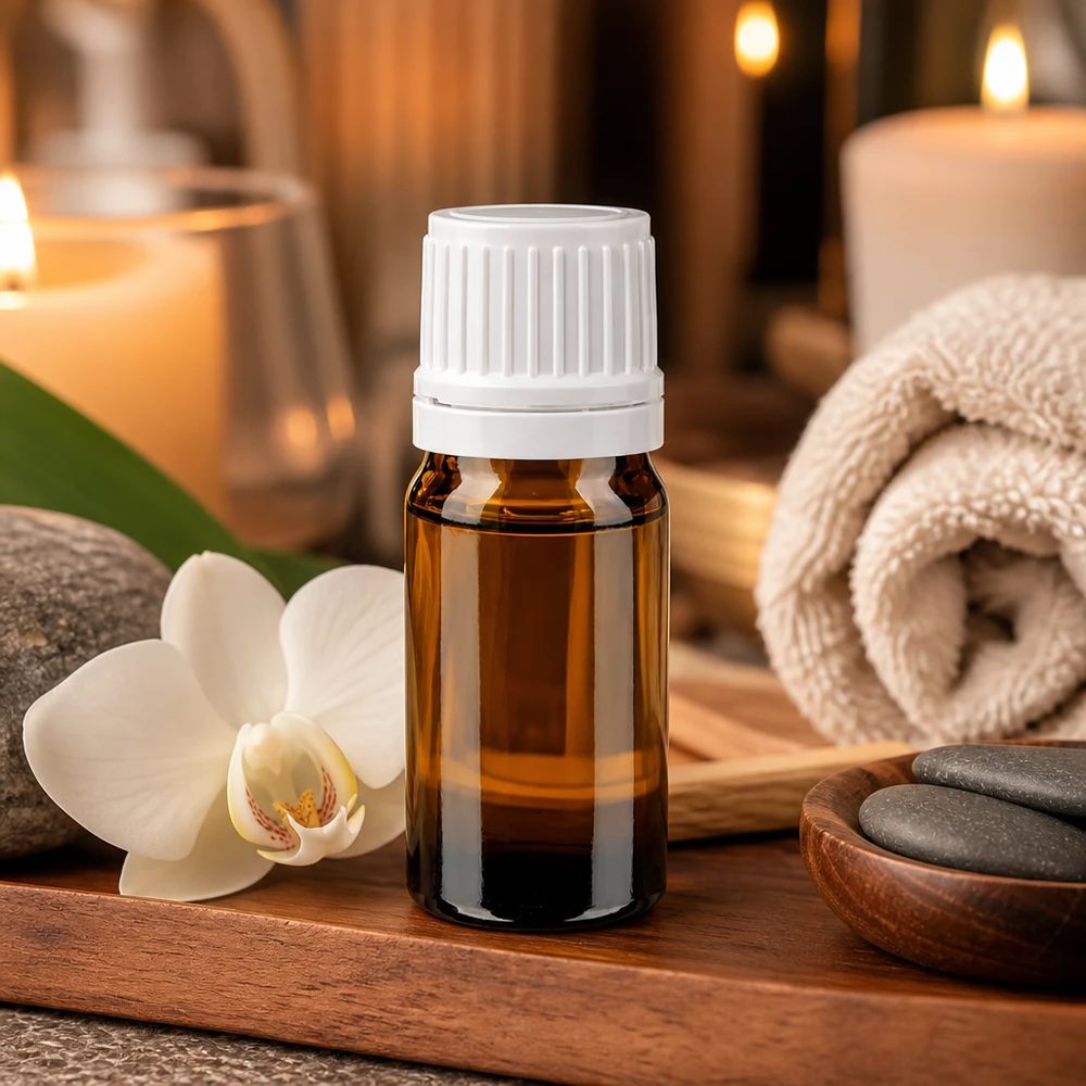 Farmaceutische glazen flesje van 5 ml, bruin met witte schroefdop, ideaal voor etherische oliën en natuurlijke cosmetica