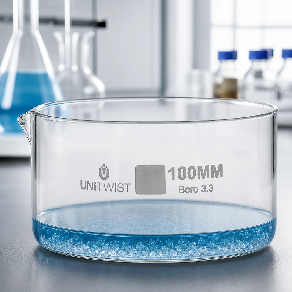 Kristalliseer schaal ø100mm borosilicaatglas UNiTWIST Kristallisatieschaal UNiTWIST 100 mm Boro 3.3, chemicaliënbestendig, hittebestendig, laboratoriumglaswerk