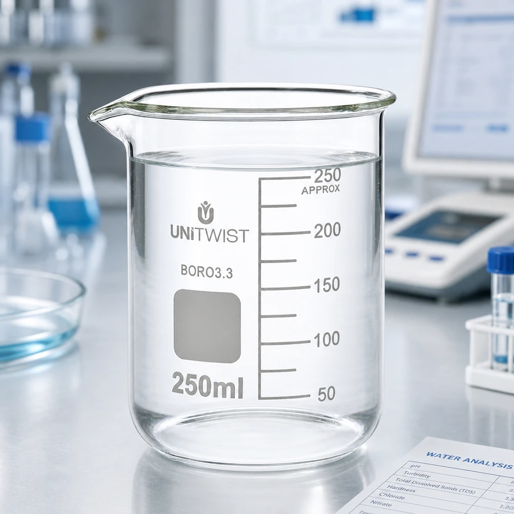 Beker 250ml borosilicaat, lage vorm UNiTWIST UNiTWIST laboratoriumbeker van glas, 250 ml, laag model, met ingebrande schaalverdeling en opschriftruimte