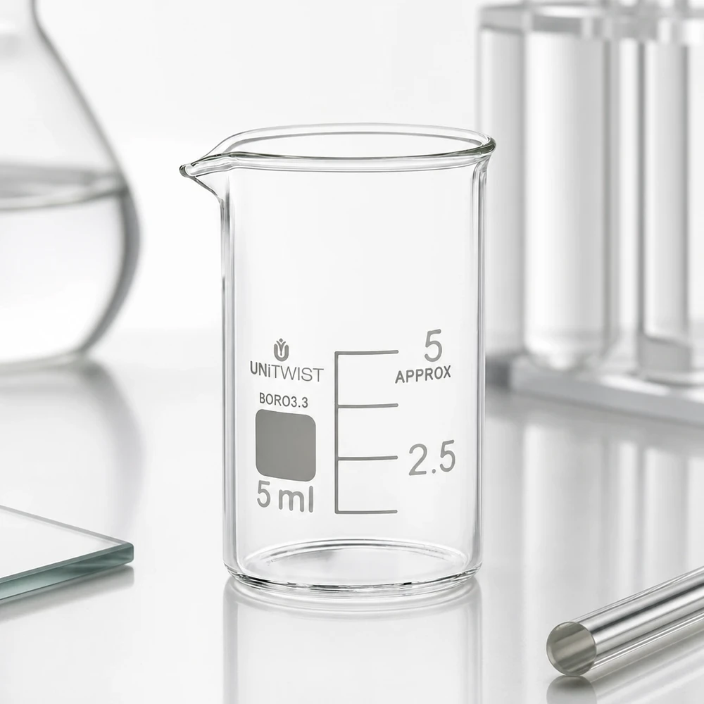 Kleinste UNiTWIST-bekerglas van 5 ml, cilindrische, lage vorm, gemaakt van zuurbestendig borosilicaatglas