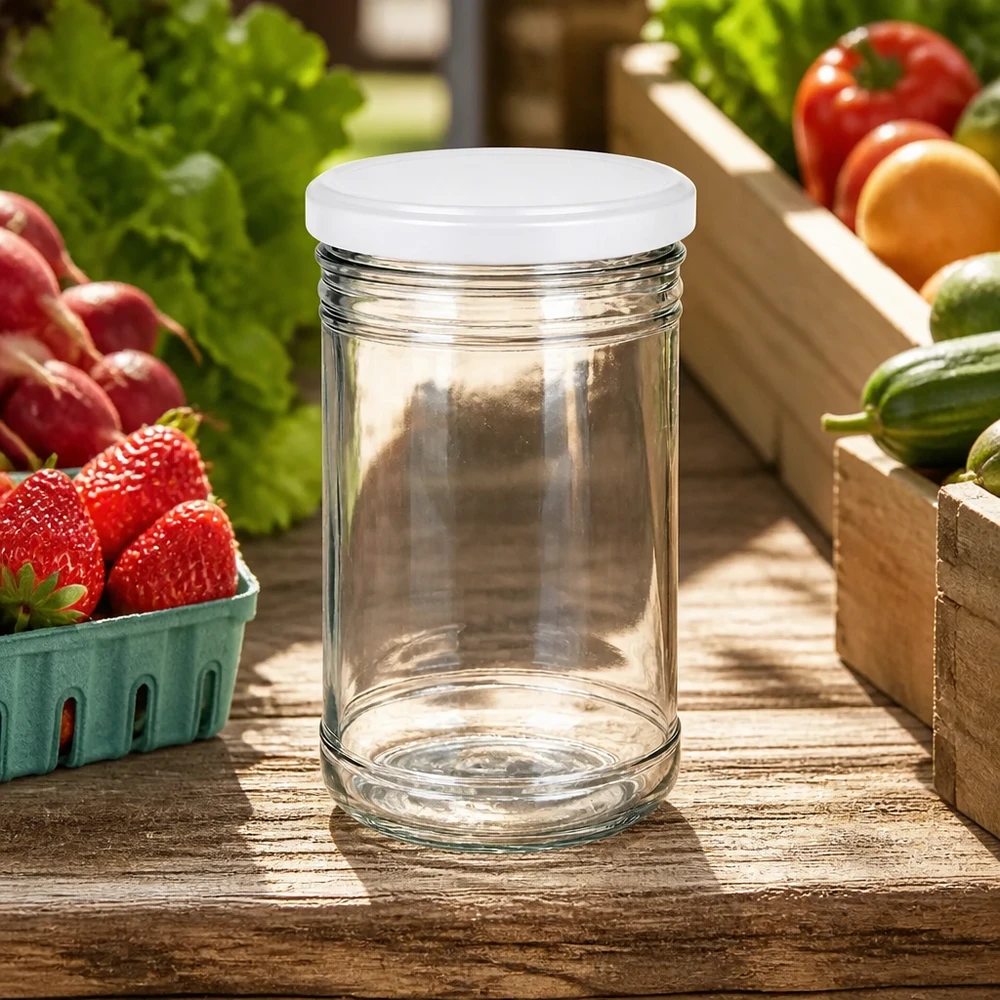 1053ml tuimelpot leeg op houten tafel met vers fruit en groenten toont ideale keukenomgeving voor het bereiden en bewaren van maaltijden.