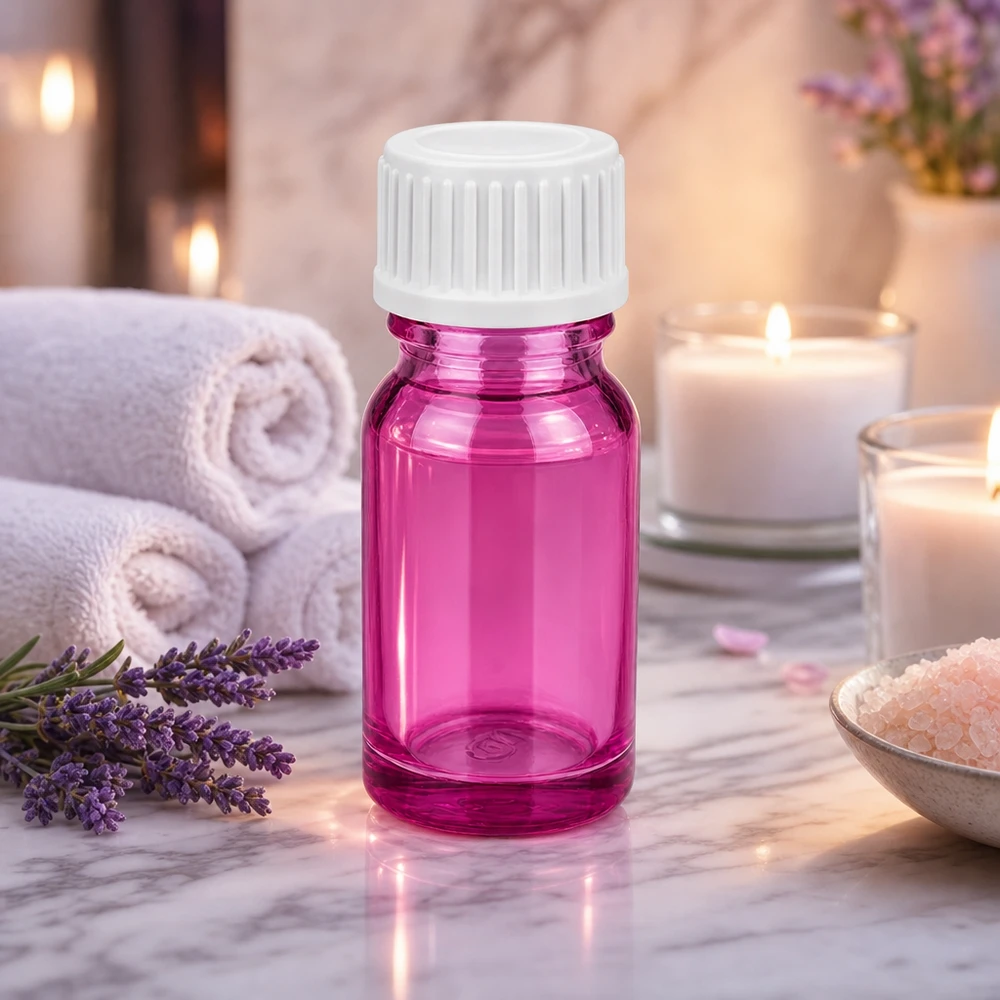 10ml (bol)fles. 3mm schenkring wit standaard PurpleLine. UT18/10 Robuust glazen flesje van 10 ml in doorschijnend paarse kleur, ideaal voor serums en concentraten