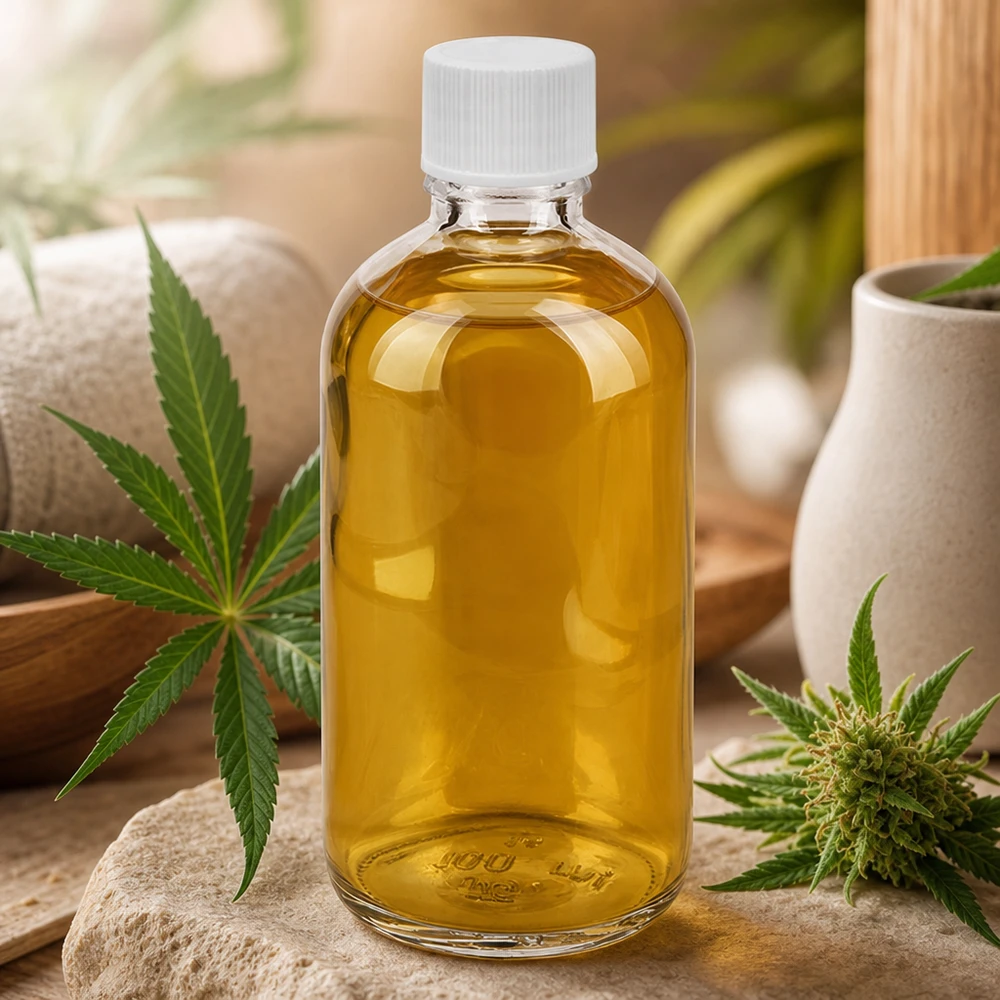 100ml fles 11mm SV wit STD ClearLine UT18/100 CBD-olie in een doorzichtige glazen fles van 100 ml met een witte veiligheidsdop van 11 mm (SV ClearLine)