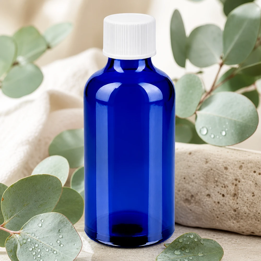50 ml glazen BlueLine fles met UV-bescherming en lekvrije witte dop
