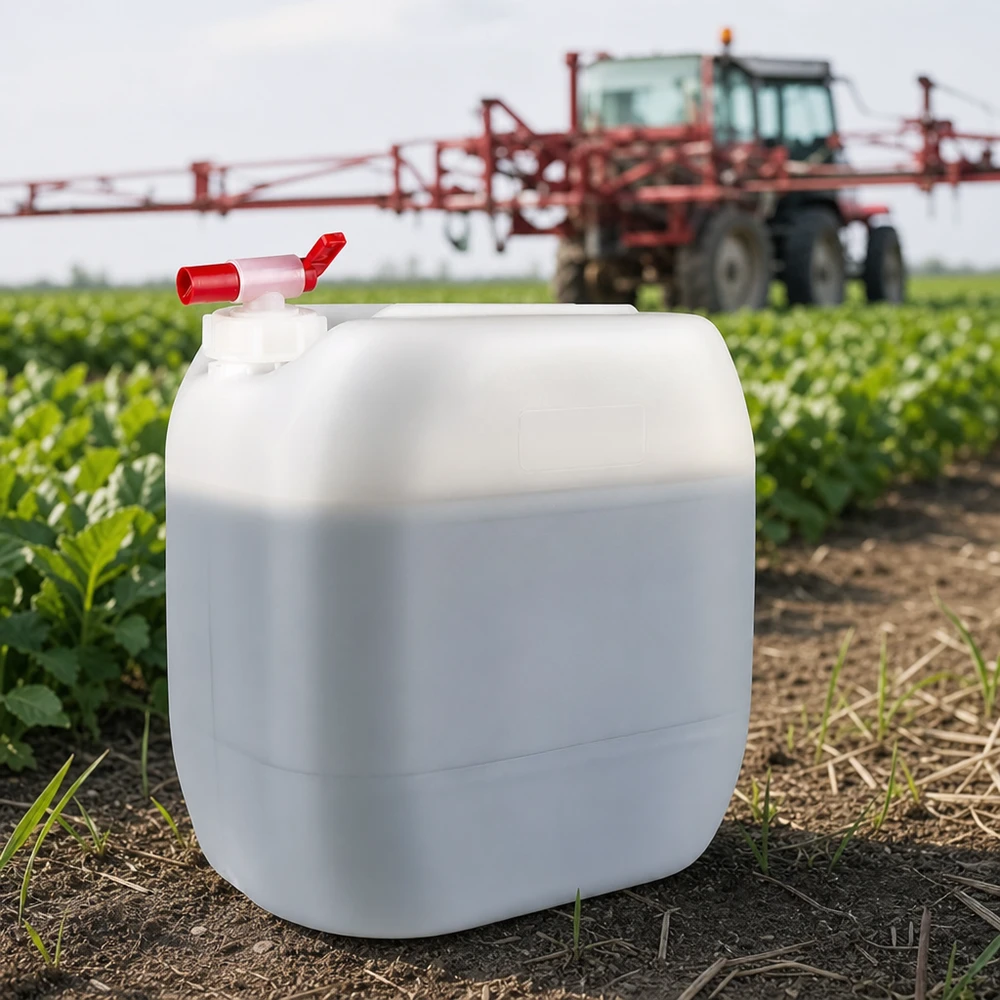 30l jerrycan met aftapkraan, UN-toelating Rechthoekige jerrycan van 30 liter met rode kraan voor de professionele landbouw in de volle grond