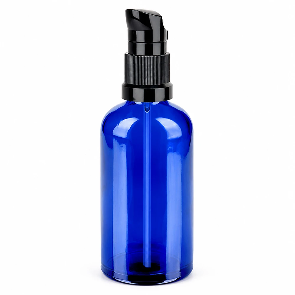 100ml pompflacon zwart STD BlueLine UT18/100 100ml pompfles van blauw glas met zwarte pompdispenser voor cosmetica en verzorgingsproducten