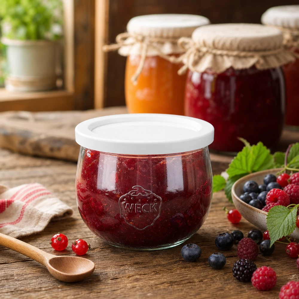 580ml tulpenglas met vershouddeksel WECK RR100 WECK tulpenpot 580ml RR100 gevuld met bessenjam in rustieke keuken met vers fruit en inmaakpotten
