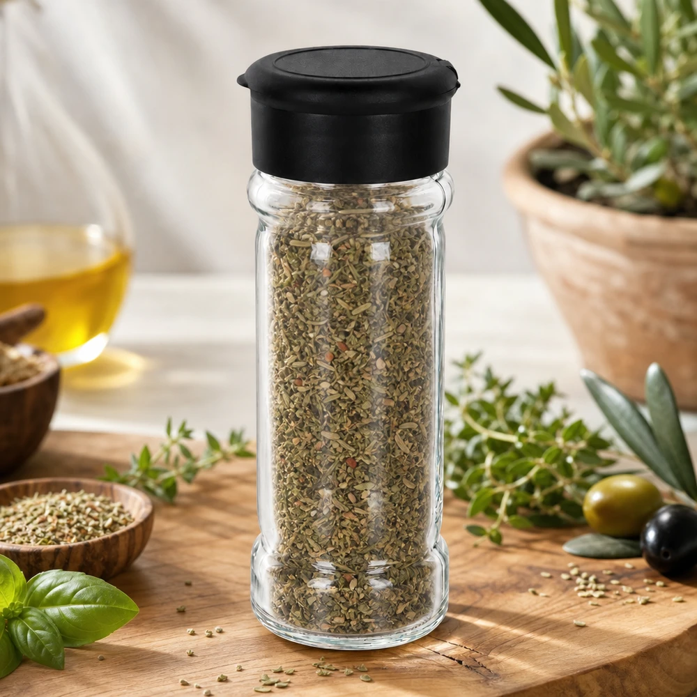 Kruidenpotje van 100 ml gevuld met oregano, met een zwarte strooikop, naast olijfolie en basilicum