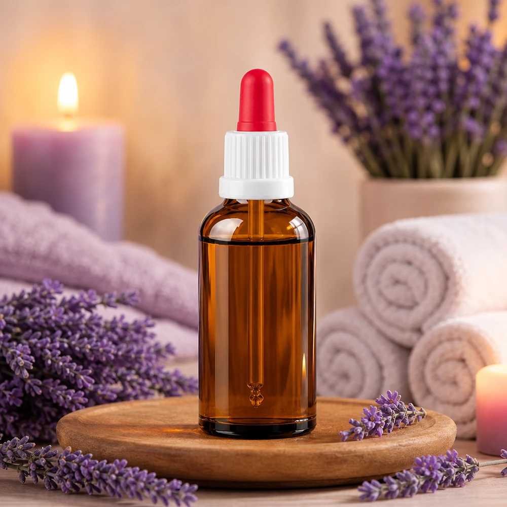 Compacte 50ml amberkleurige glazen fles met pipetdop voor aromatherapietoepassingen