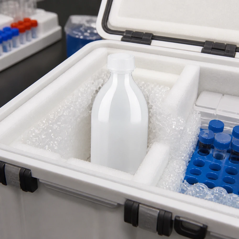 Nauwe hals laboratoriumfles 250ml met schroefsluiting Gekoeld transport: schroeffles van 250 ml met smalle hals in een geïsoleerde laboratoriumkoelbox met buisjes