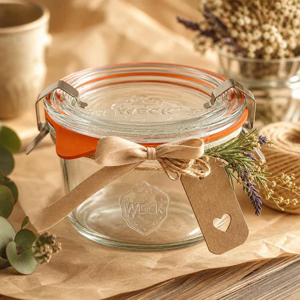 WECK 50ml bekers RR60 decoratief gerangschikt met een strik en lavendel als cadeau-idee op een rustieke houten tafel