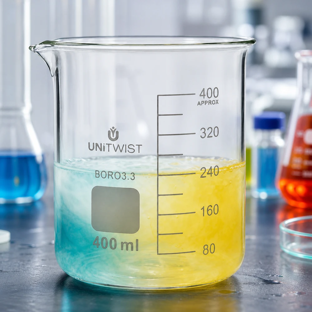 Bécher 400ml borosilicate, forme basse UNiTWIST UNiTWIST glazen beker van 400 ml voor chemische experimenten, met nauwkeurige milliliter-schaalverdeling