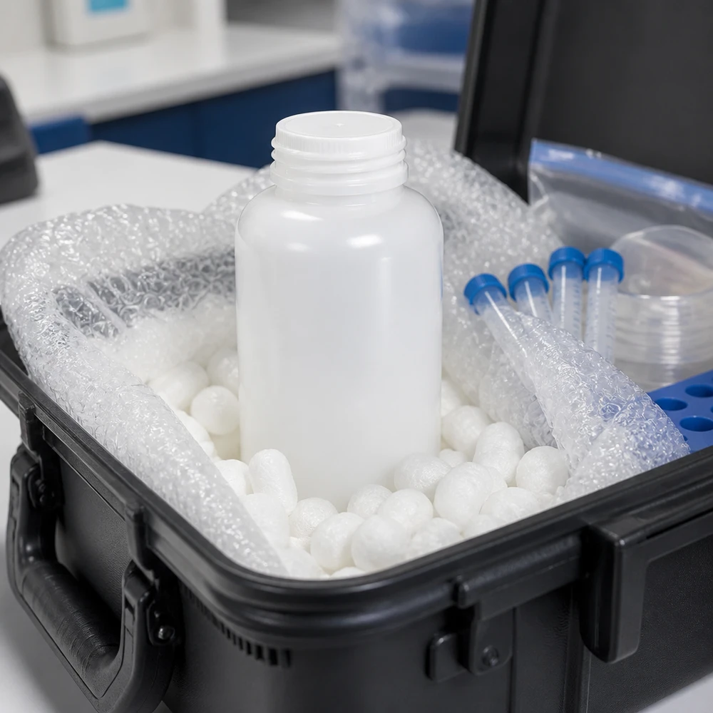 Wijde hals laboratoriumfles 500ml zonder sluiting Laboratoriumfles van 500 ml met brede hals, omgeven door vulmateriaal voor trillingsvrij transport van monsters