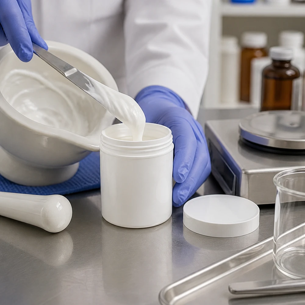 Zalfpot 500 g wit met schroefdeksel wit (PP) Witte PP-kunststofbak van 500 g voor crèmes en zalven, naast een vijzel en laboratoriumbenodigdheden