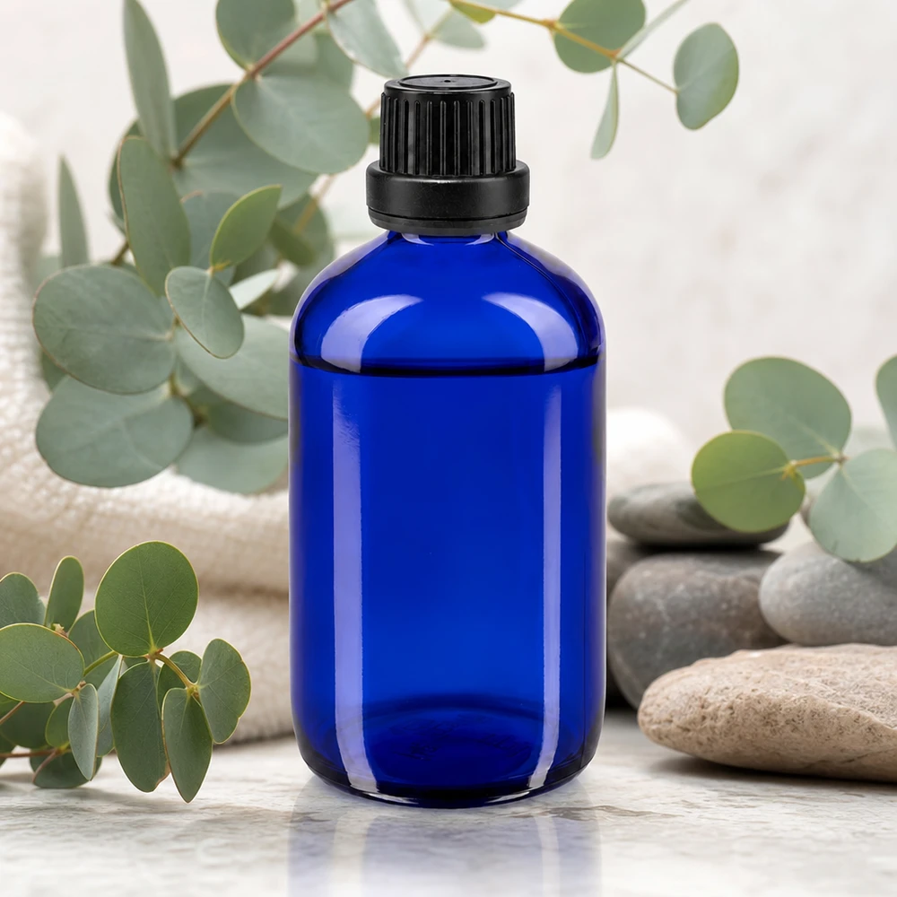 Blauwe glazen flessen 100ml met zwart schroefsluiting dicht. VR Blauwe glazen fles van 100 ml voor etherische oliën met een zwarte dop met manipulatiebeveiliging