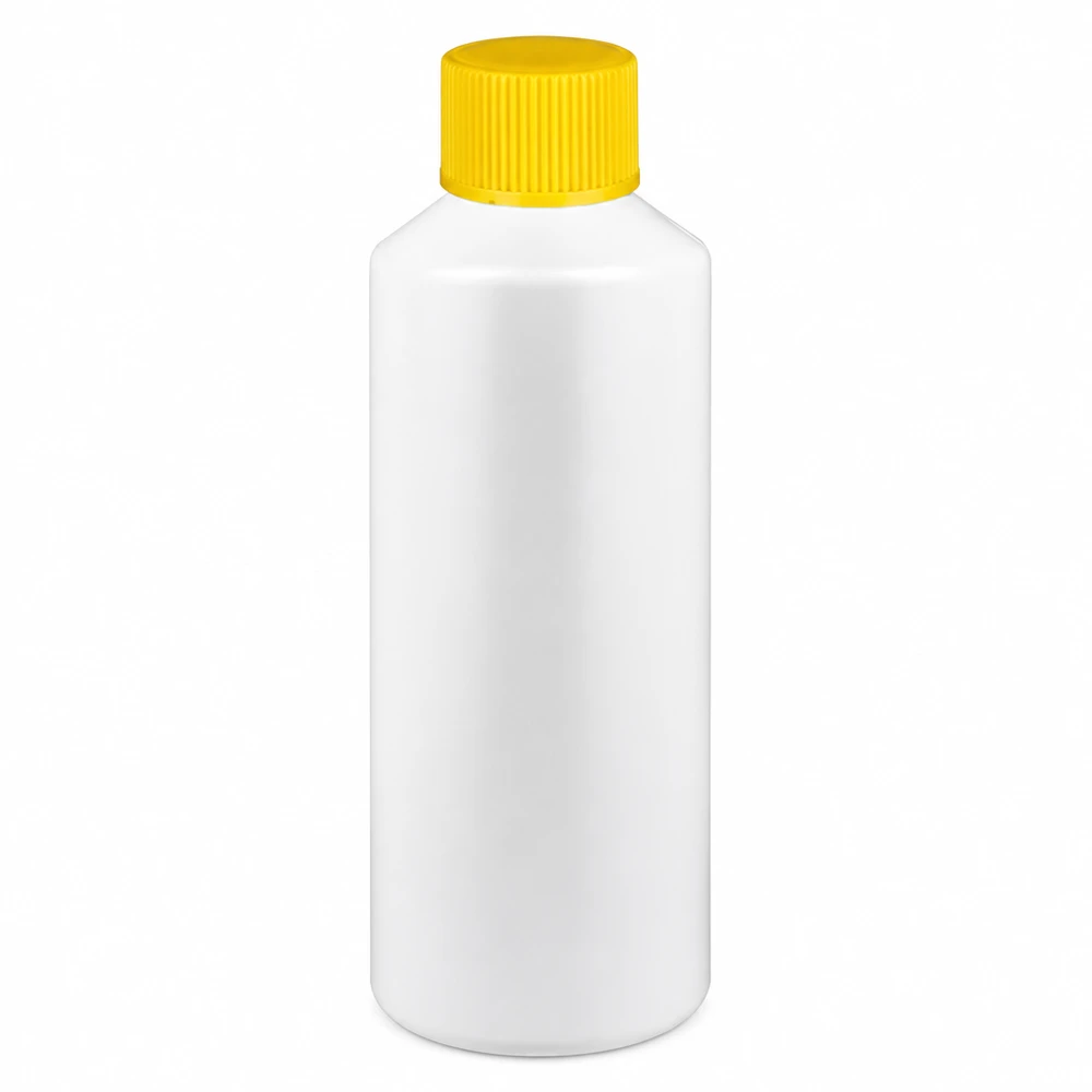 PET cilinderfles 100ml wit met schroefsluiting geel Kleine witte medicijnfles van 100 ml HDPE met een gele schroefdop