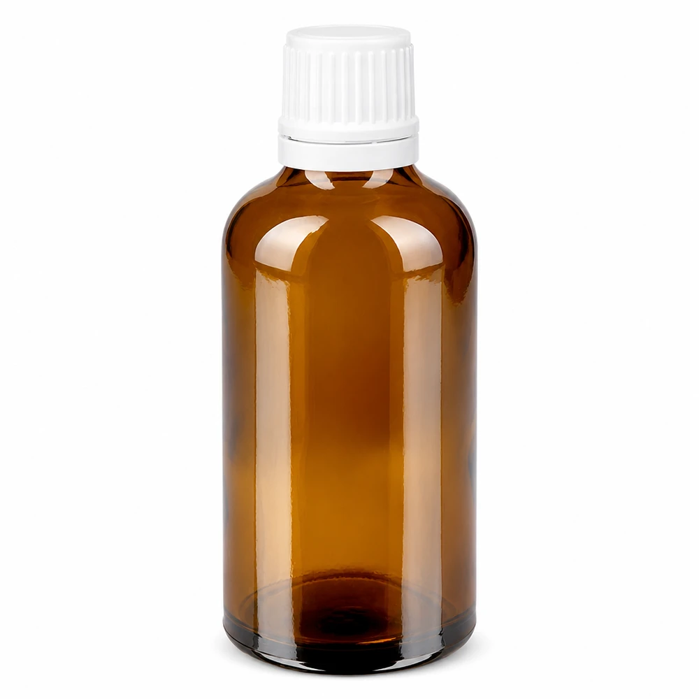 Farmaceutisch bruinglasflesje van 50 ml met witte veiligheidsdop, ideaal voor druppels