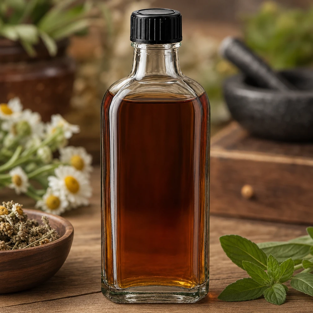 100 ml witte meplatfles met DIN 22 monding, inclusief schroefsluiting DIN 22 zwart van LKD Kleine, doorzichtige apothekersfles van 100 ml met een zwarte dop, omringd door geneeskrachtige kruiden en munt