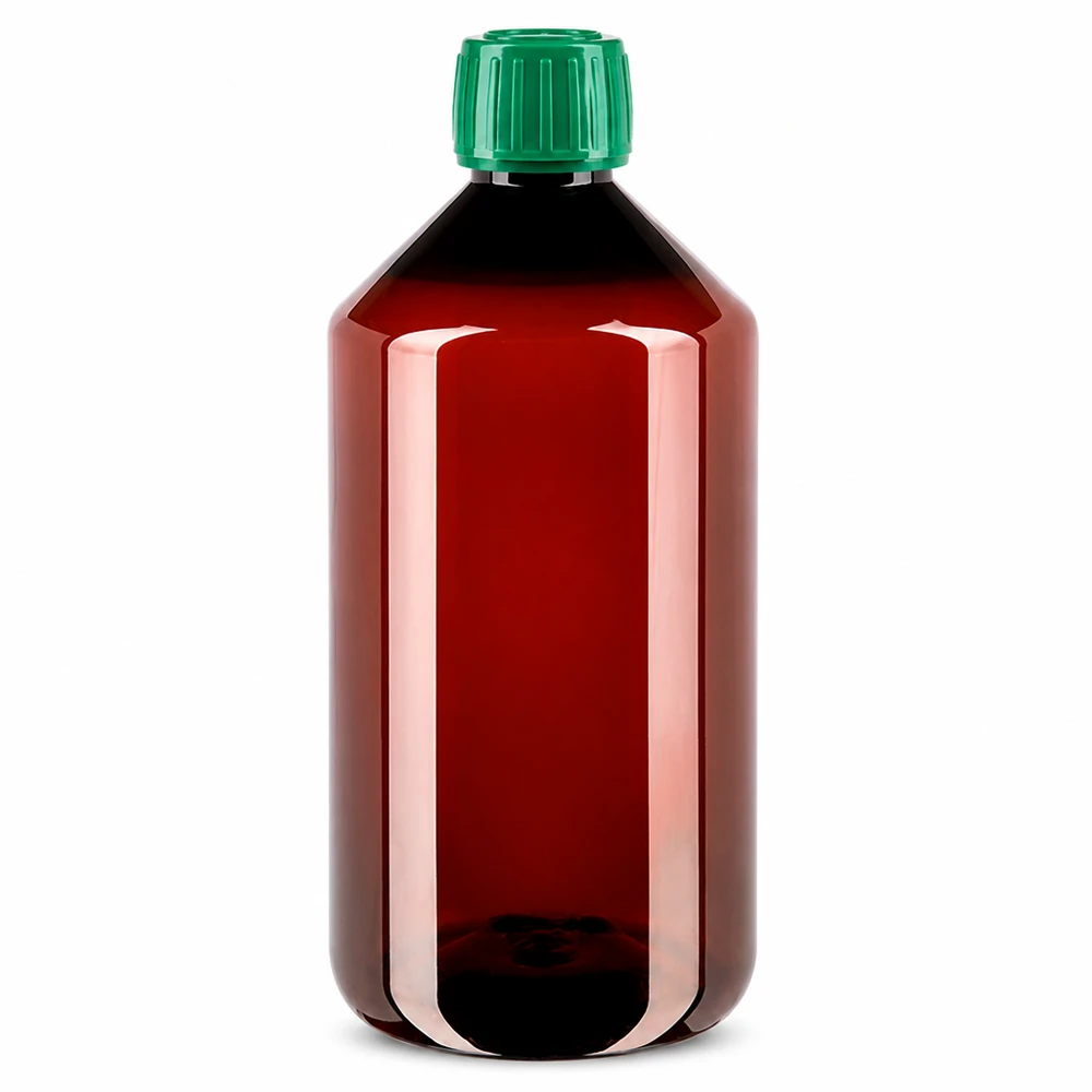 PET fles 750ml met groene verzegelstop Ronde PET-fles met brede hals, 750 ml, in amberkleur met een groene schroefdop