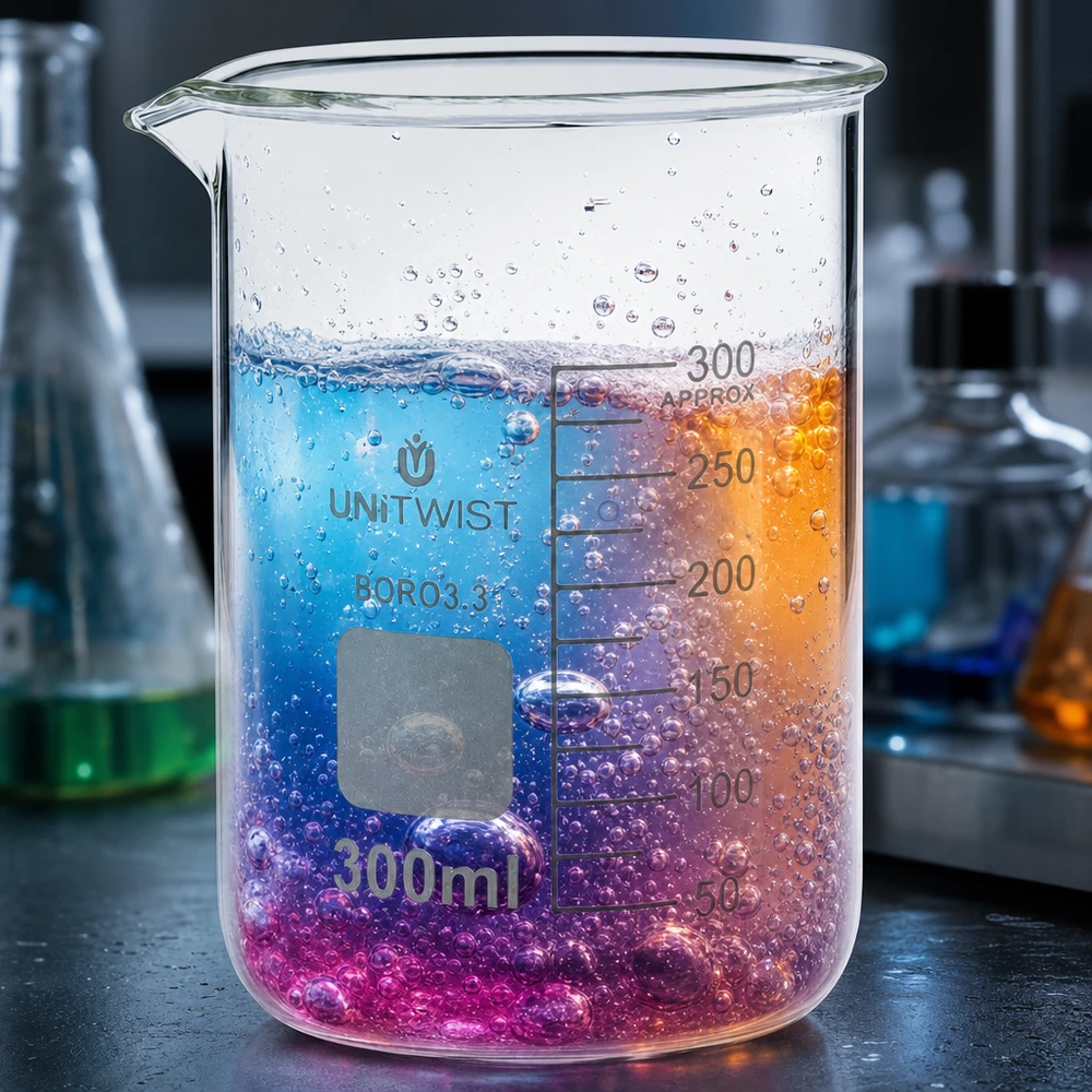 Beker 300ml borosilicaat, lage vorm UNiTWIST Hoogwaardig bekerglas van 300 ml, laag model, met bruisende veelkleurige vloeistof in het laboratorium