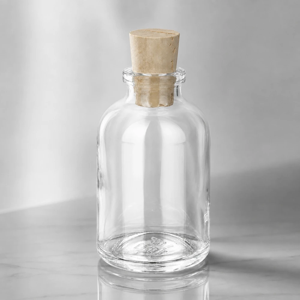 Injectiefles helder glas 50ml met kurk 11/14mm Hochwertige Glasflasche 50ml mit luftdichtem Korken 11/14mm seitliche Ansicht