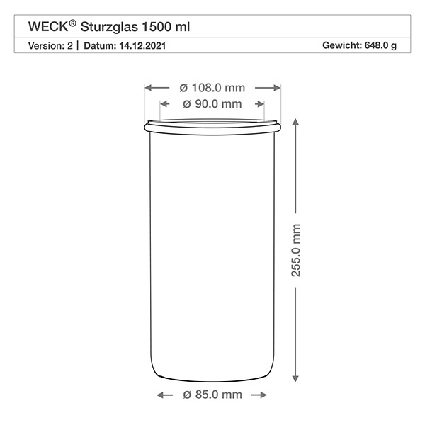 1500ml stortglas WECK RR100 met kurk WECK beker 1500ml RR100 technische tekening afmetingen afmetingen 108mm diameter 255mm hoogte specificatie
