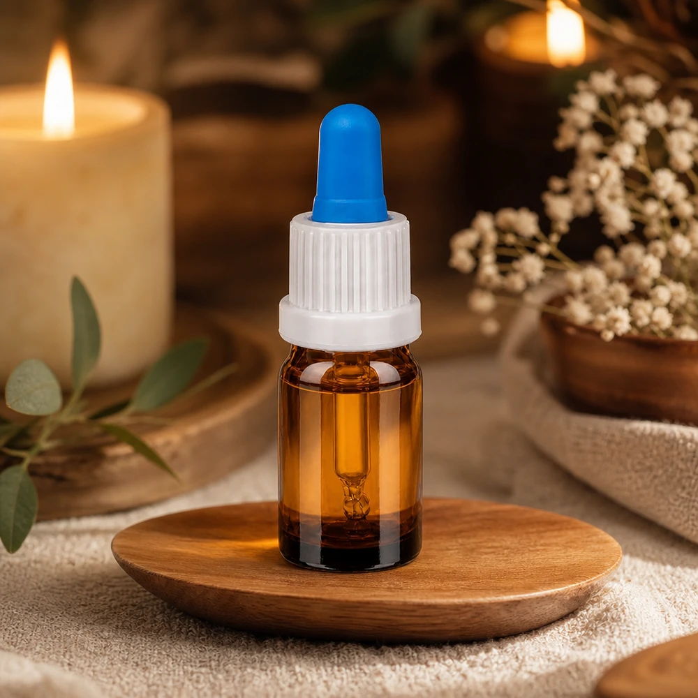 Elegant 5ml pipetflesje van warm amberkleurig glas met stijlvolle witte schroefdop en blauwe druppelaar