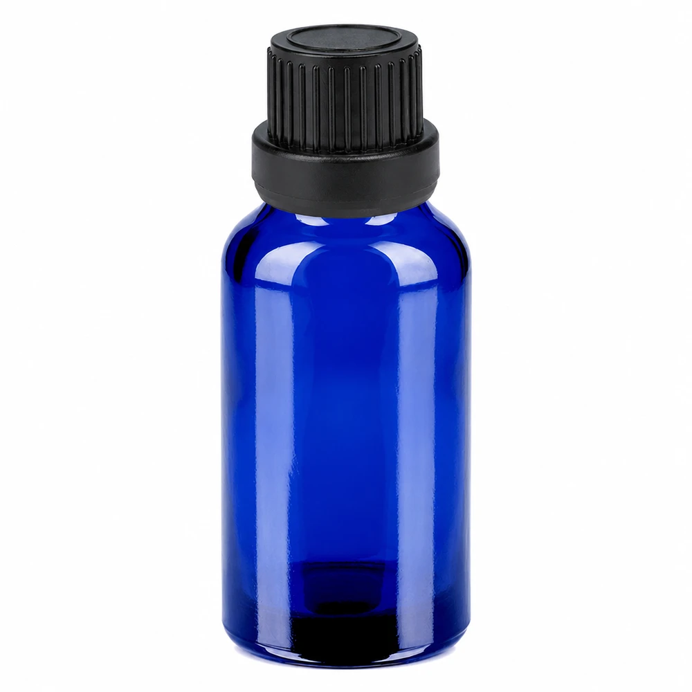 Compact flesje van 20 ml in elegant blauw met zwarte dop voor parfum en essences