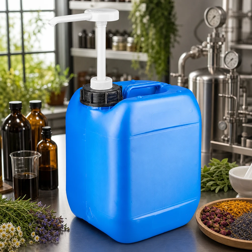 Canister 5 liter blauw met doseerpomp Blauwe voorraadcontainer van 5 liter met doseerpomp voor etherische oliën en plantaardige extracten