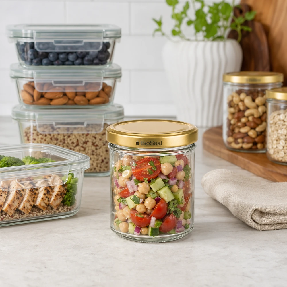 Honingpot 200 g met gouden BioSeal UNiTWIST-deksel BioSeal 200g pot met gouden deksel gevuld met kikkererwtensalade in georganiseerde keuken met voorraadbakjes