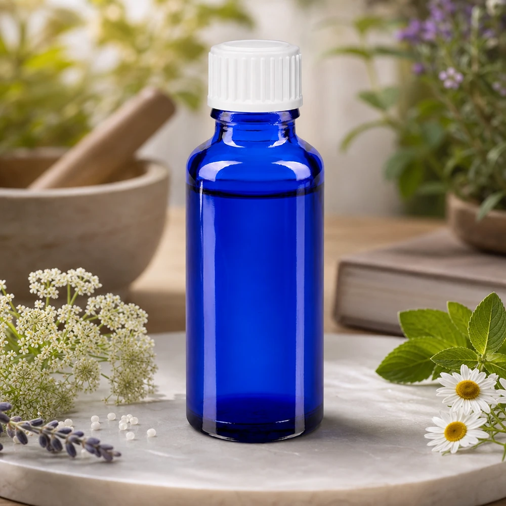Blauwe glazen flessen 30ml met wit schroefsluiting St Blauwe glazen fles van 30 ml met UV-bescherming en een witte dop, naast een vijzel en geneeskrachtige planten