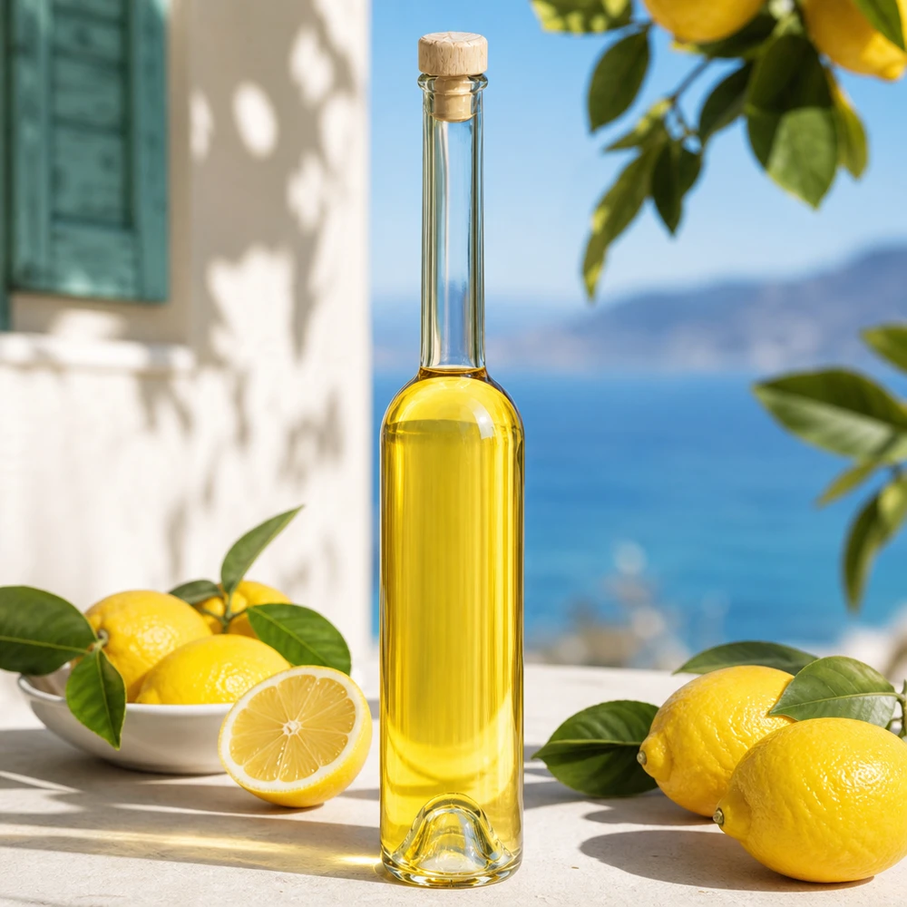 100ml glazen fles Hugo gevuld met gele likeur tussen citroenen in een mediterrane keukenscène